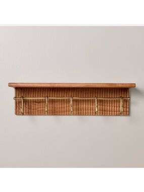 Hearth & Hand Magnolia 24" Grooved Wall Shelf Rack with Brass Rail and Hooks NEW